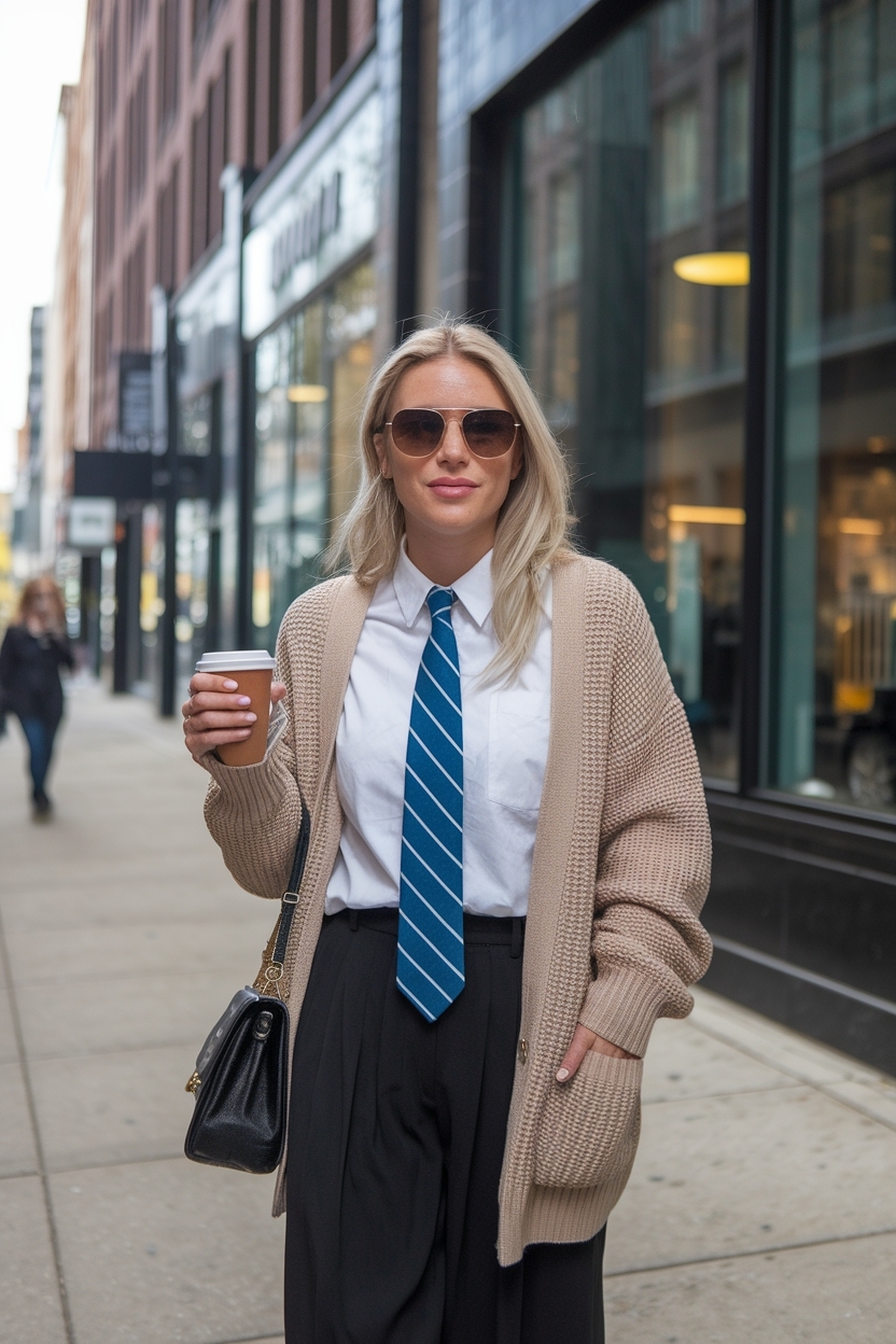 Tie Outfit for Women with Cardigan: Fashion Forward outfit idea
