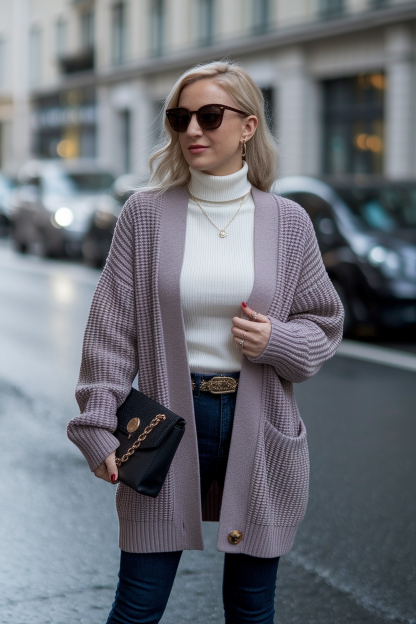 Turtle Neck Cardigan Outfit Women for Chic Fall Layers outfit idea