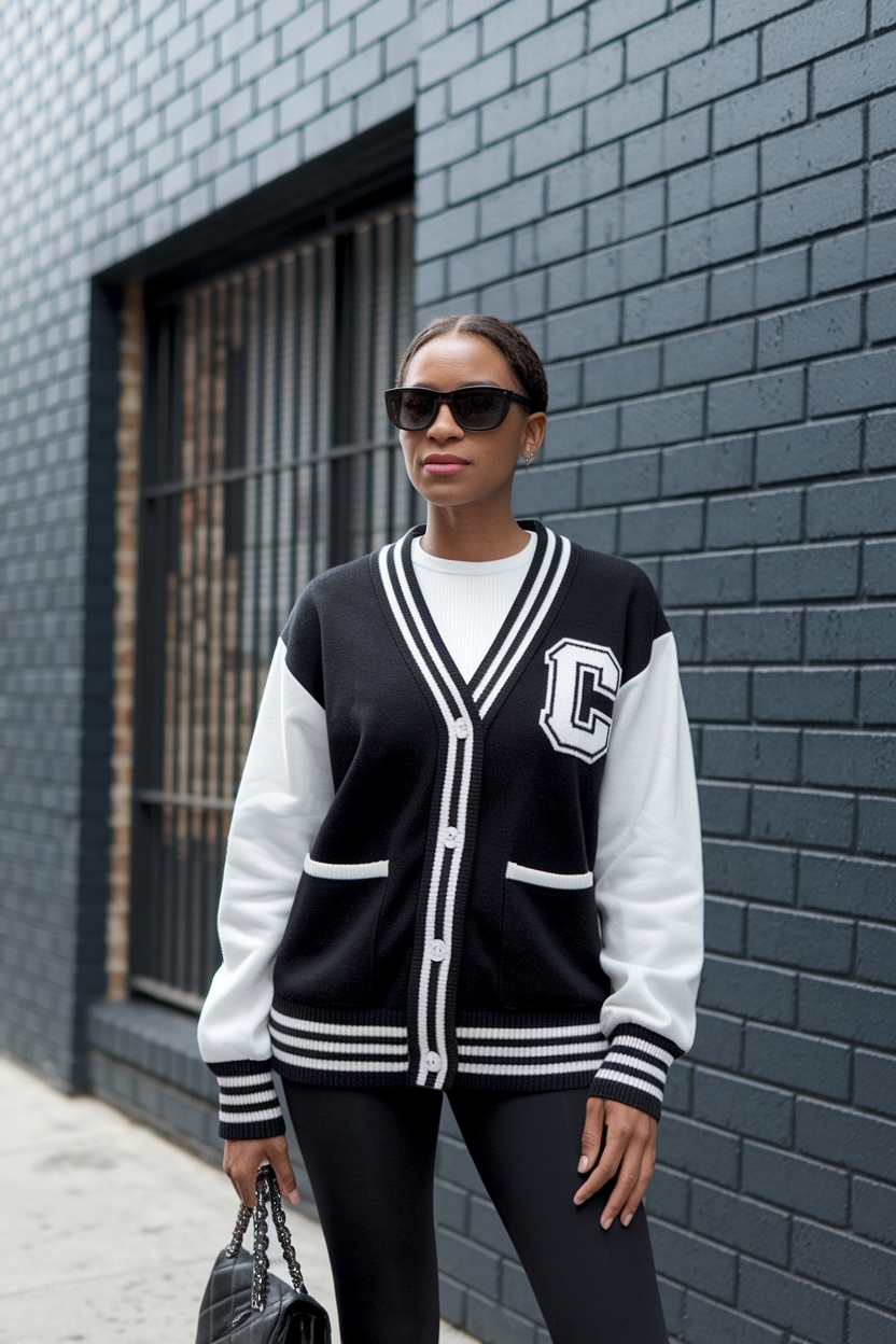 Sporty Varsity Cardigan Outfit Black Women for Game Day outfit idea