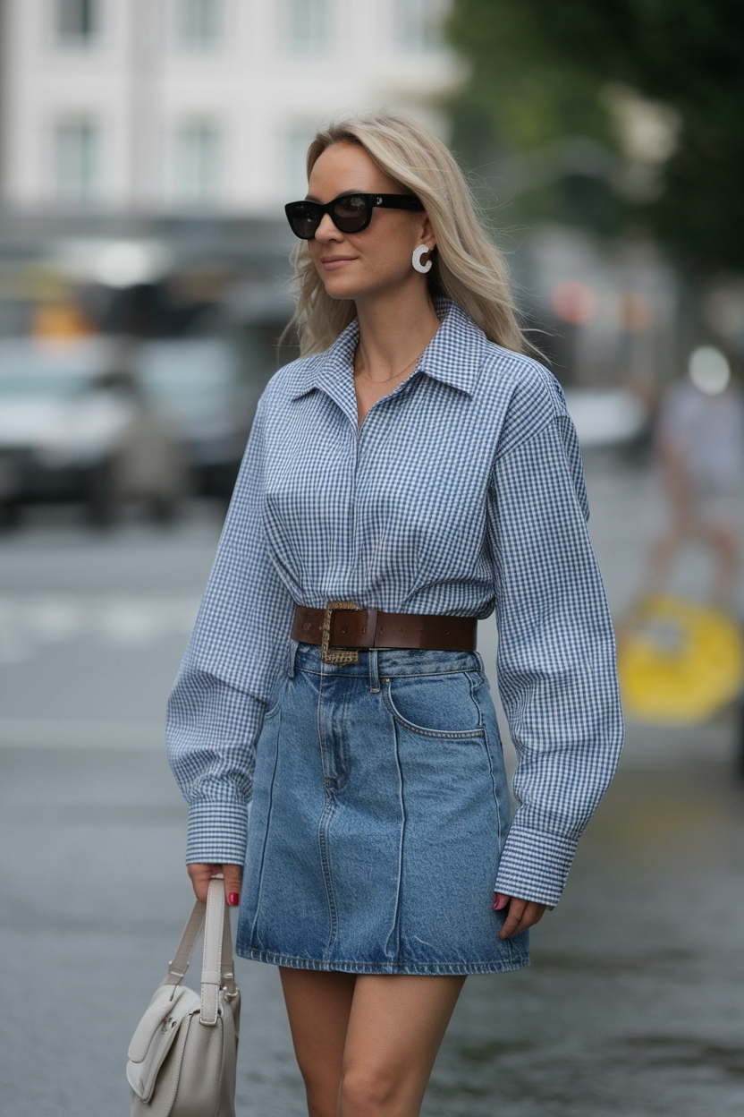 Waist Coat Outfit Women with Denim Skirt: Unique Layers outfit idea