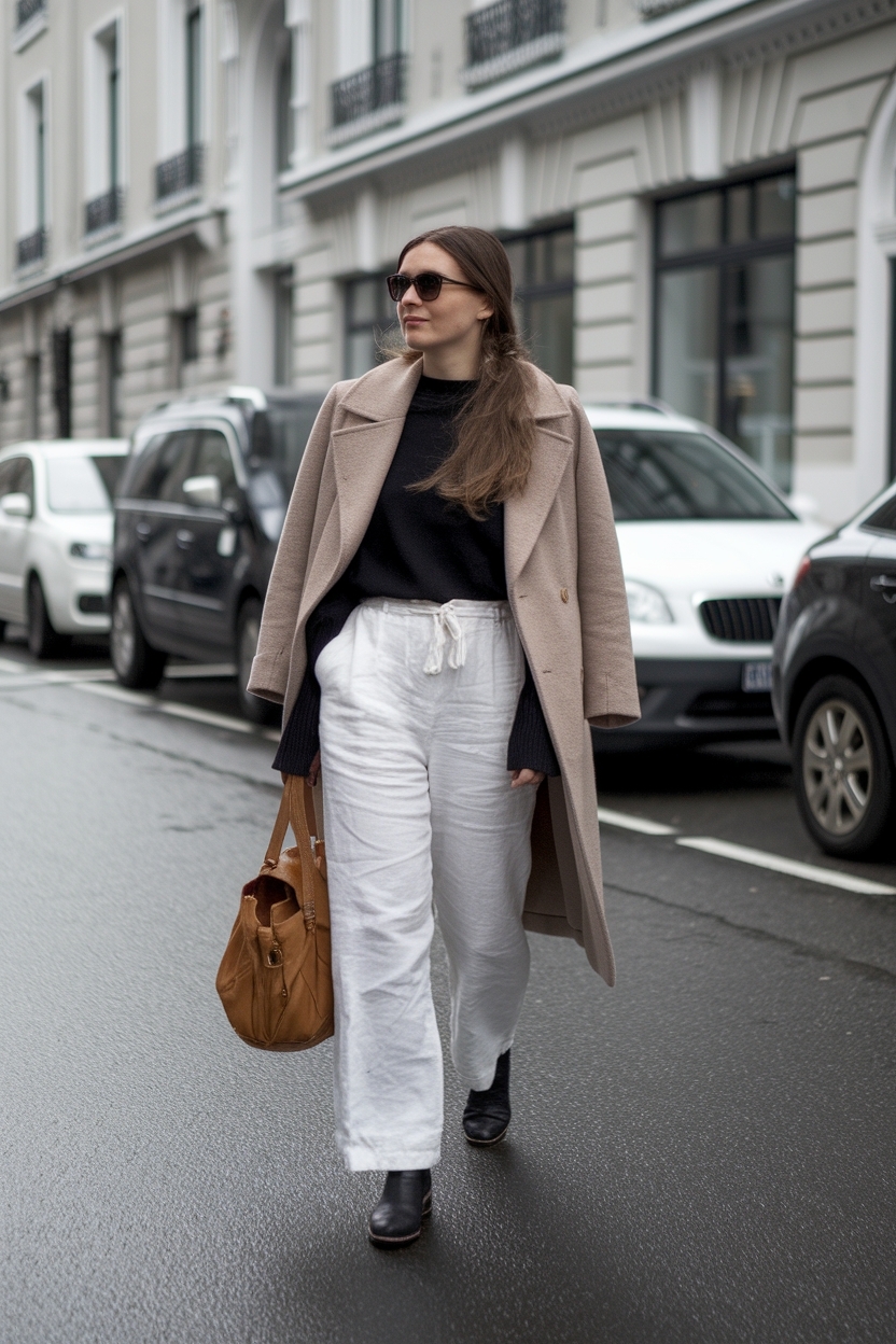 Chic White Linen Pants Outfit Winter for Cozy Days outfit idea