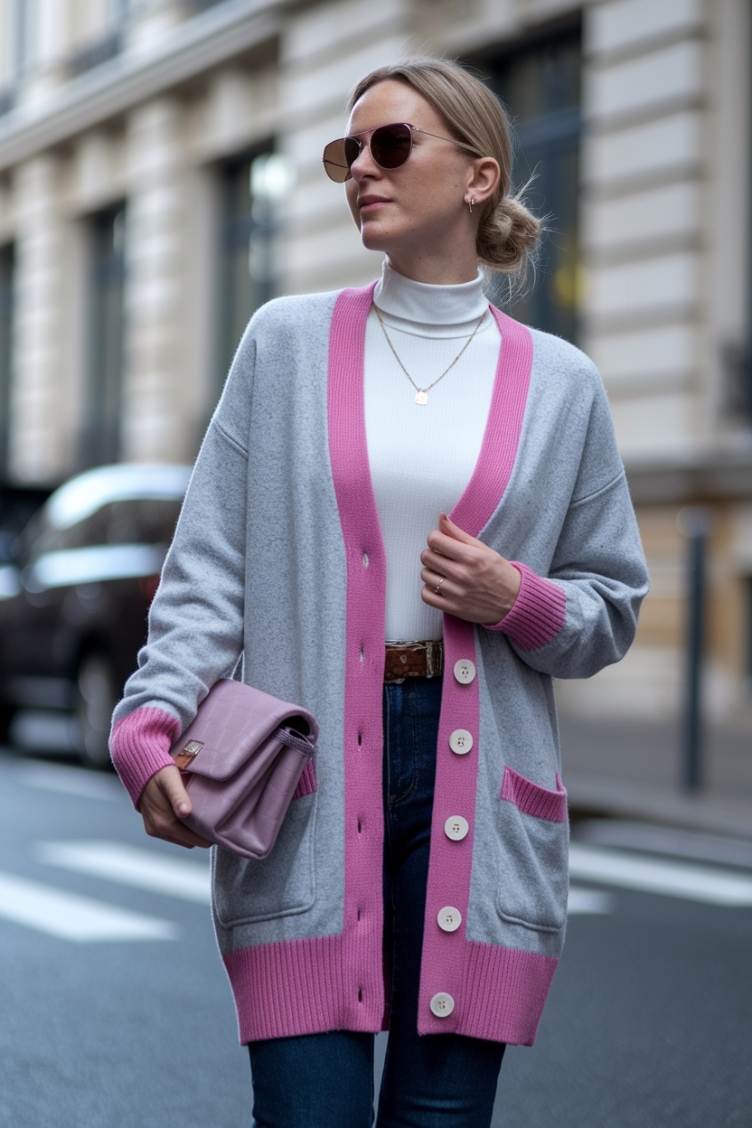 Women Grey and Pink Cardigan Outfit for Cozy Vibes outfit idea