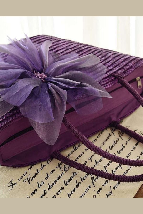 2025 Fashion Purple Flower Grass Woven Handbag