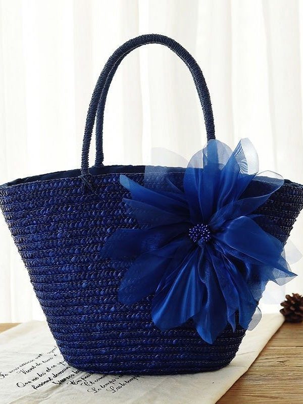 2025 Fashion Purple Flower Grass Woven Handbag