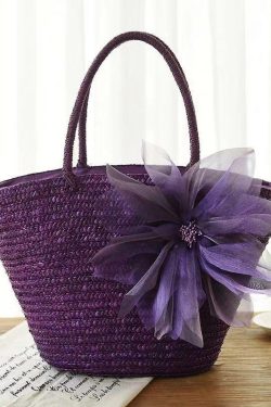 2025 Fashion Purple Flower Grass Woven Handbag