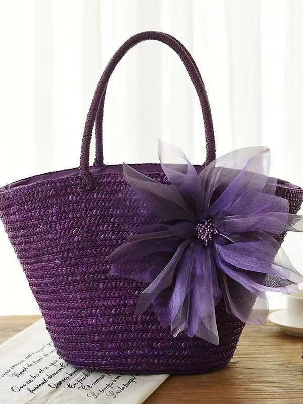 2025 Fashion Purple Flower Grass Woven Handbag