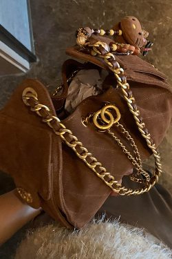2025 New Coffee Grid Suede Chain Shoulder Bag