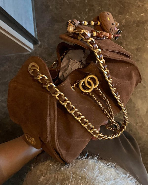 2025 New Coffee Grid Suede Chain Shoulder Bag