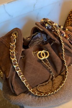 2025 New Coffee Grid Suede Chain Shoulder Bag