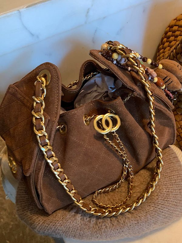 2025 New Coffee Grid Suede Chain Shoulder Bag