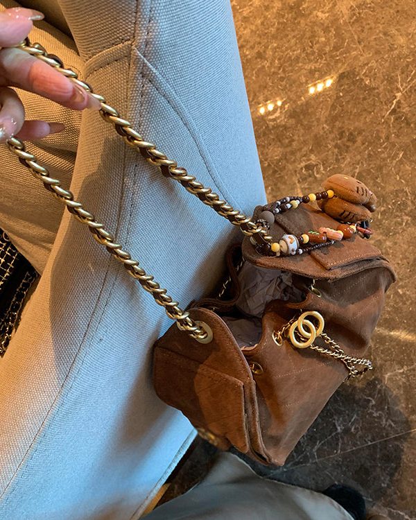 2025 New Coffee Grid Suede Chain Shoulder Bag