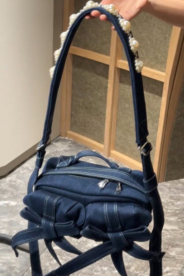 2025 New Denim Blue Versatile Bow Pearl Shoulder Bag