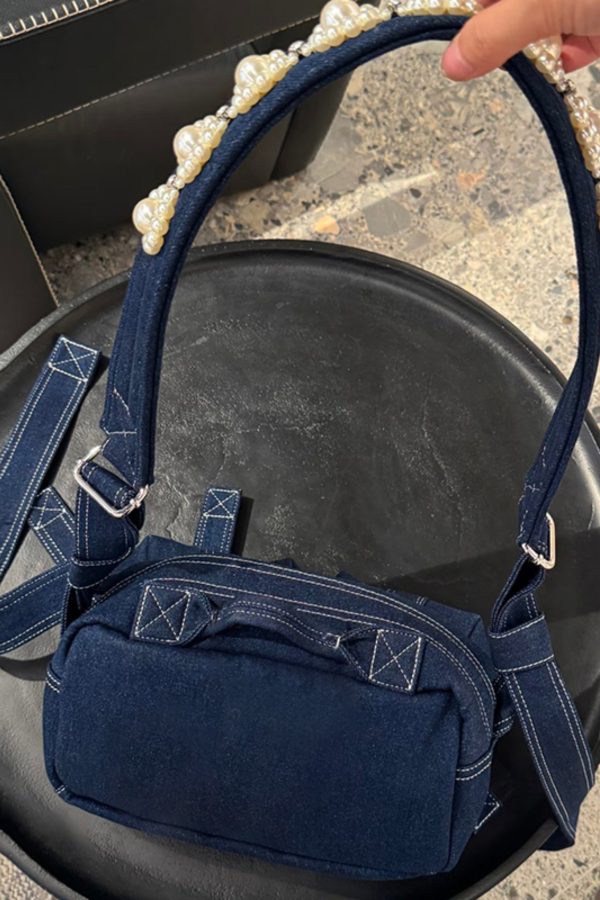 2025 New Denim Blue Versatile Bow Pearl Shoulder Bag