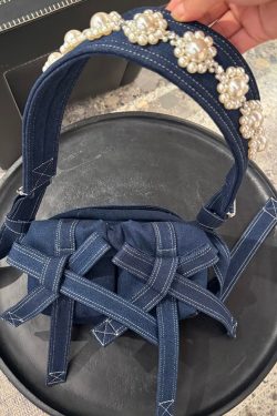 2025 New Denim Blue Versatile Bow Pearl Shoulder Bag