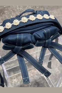2025 New Denim Blue Versatile Bow Pearl Shoulder Bag
