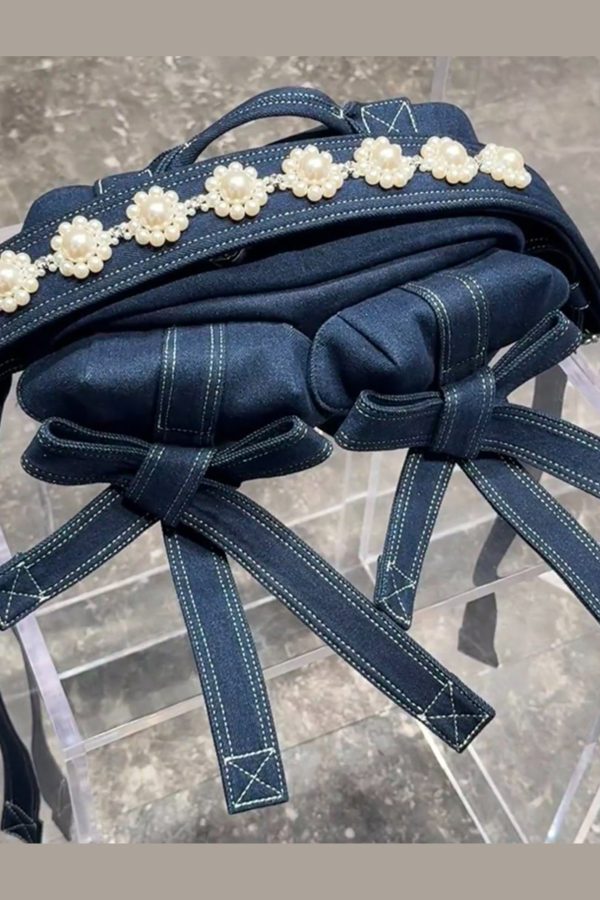 2025 New Denim Blue Versatile Bow Pearl Shoulder Bag