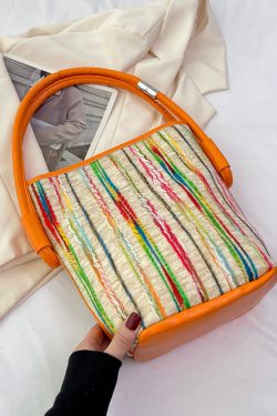 2025 New Minimalist Pink Striped Weaving Satchel Bag Handbag