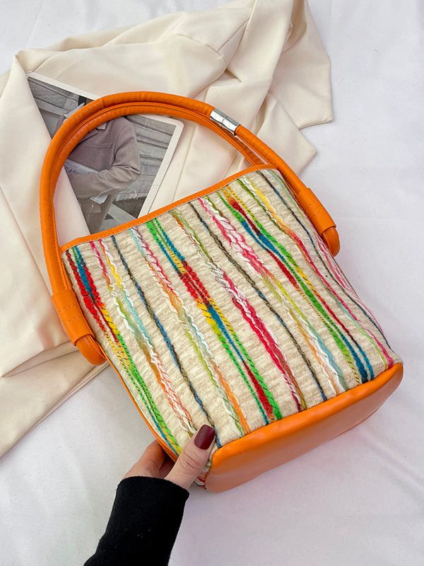 2025 New Minimalist Pink Striped Weaving Satchel Bag Handbag
