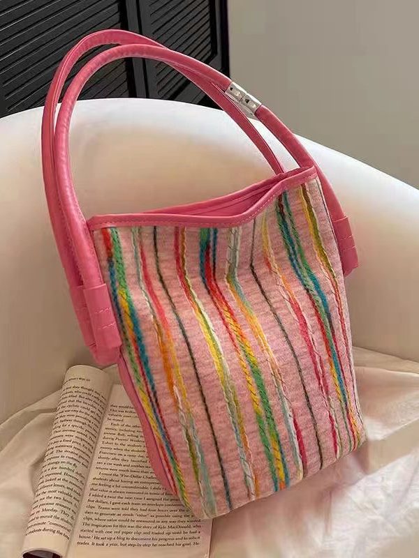 2025 New Minimalist Pink Striped Weaving Satchel Bag Handbag