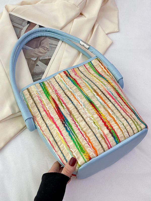 2025 New Minimalist Pink Striped Weaving Satchel Bag Handbag