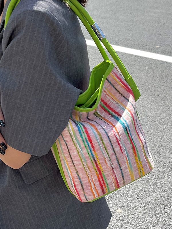 2025 New Minimalist Pink Striped Weaving Satchel Bag Handbag