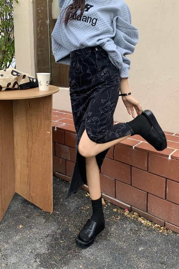 Abstract Faces Denim Midi Skirt