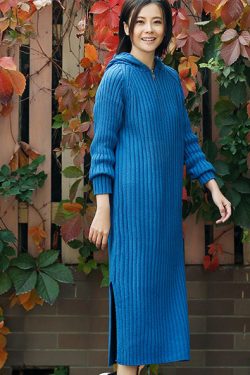 Aesthetic blue Sweater outfits plus size tunic hooded side open knit dress