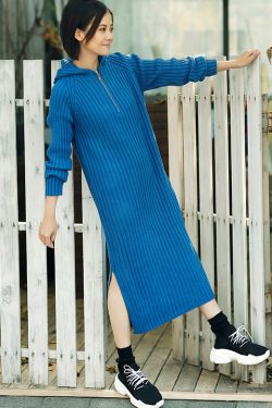 Aesthetic blue Sweater outfits plus size tunic hooded side open knit dress