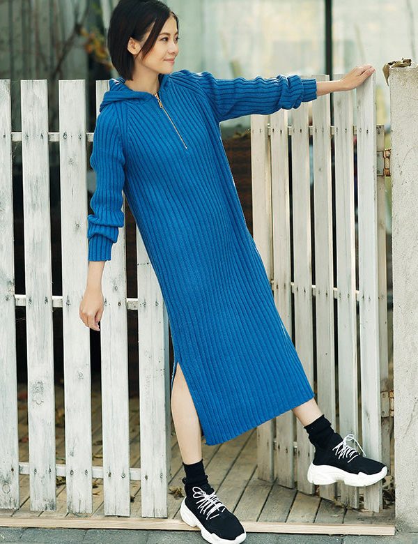 Aesthetic blue Sweater outfits plus size tunic hooded side open knit dress