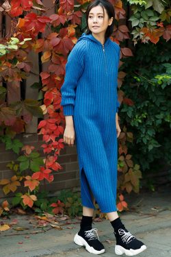 Aesthetic blue Sweater outfits plus size tunic hooded side open knit dress