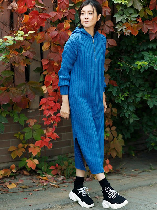 Aesthetic blue Sweater outfits plus size tunic hooded side open knit dress