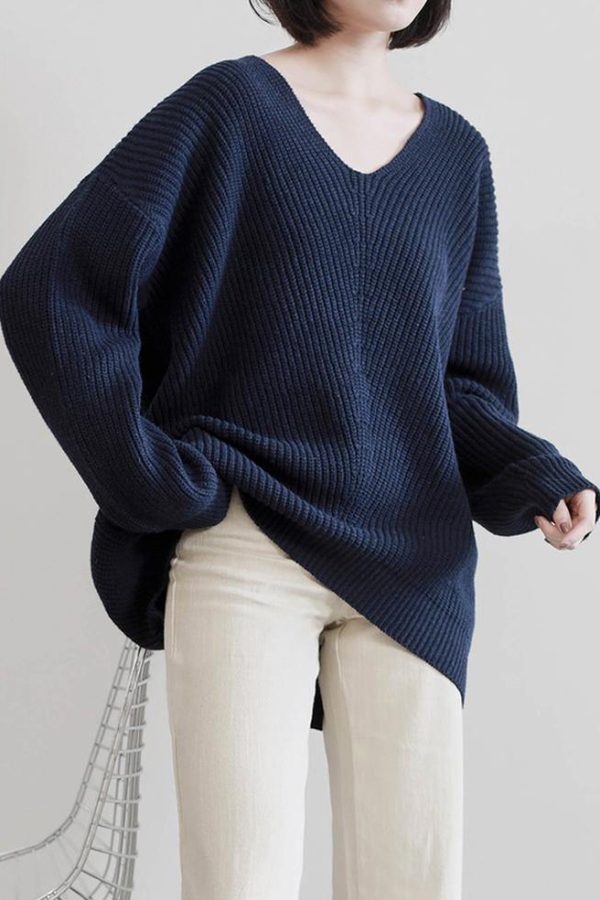 Aesthetic dark blue sweater tops v neck Batwing Sleeve casual knit tops