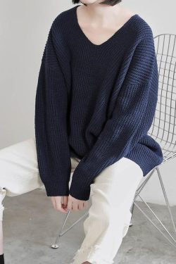 Aesthetic dark blue sweater tops v neck Batwing Sleeve casual knit tops