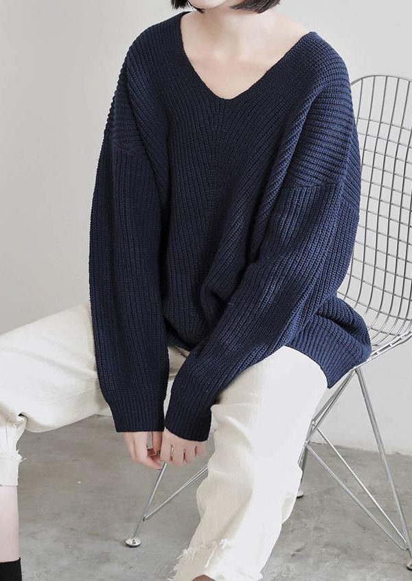 Aesthetic dark blue sweater tops v neck Batwing Sleeve casual knit tops