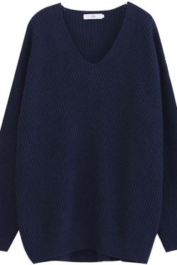Aesthetic dark blue sweater tops v neck Batwing Sleeve casual knit tops