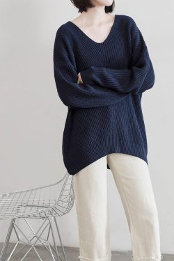 Aesthetic dark blue sweater tops v neck Batwing Sleeve casual knit tops