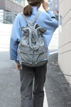 Aesthetic gray outfit Street Style Double Front Pockets Simple Drawstring Backpacks