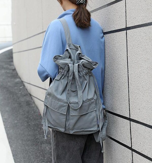Aesthetic gray outfit Street Style Double Front Pockets Simple Drawstring Backpacks
