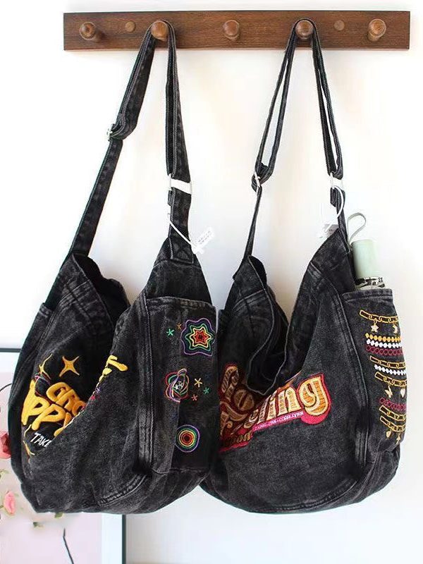 American Embroidered Large Capacity Denim One Shoulder Crossbody Bag