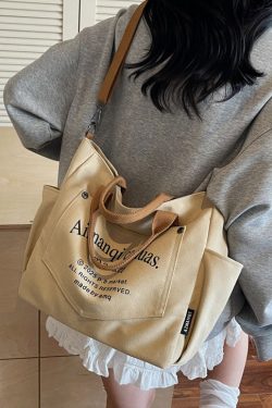 Art Beige Letter Print Pockets Solid Durable Canvas Tote Handbag