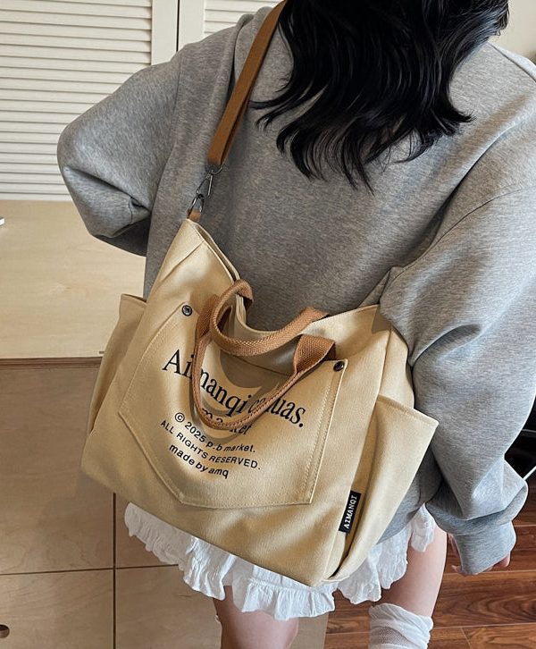 Art Beige Letter Print Pockets Solid Durable Canvas Tote Handbag