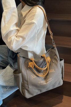 Art Beige Letter Print Pockets Solid Durable Canvas Tote Handbag