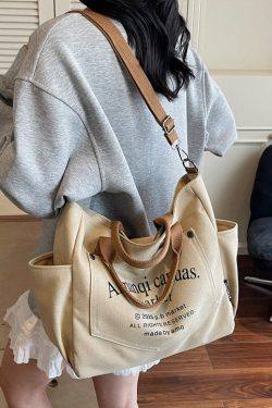 Art Beige Letter Print Pockets Solid Durable Canvas Tote Handbag