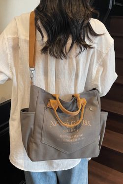 Art Beige Letter Print Pockets Solid Durable Canvas Tote Handbag