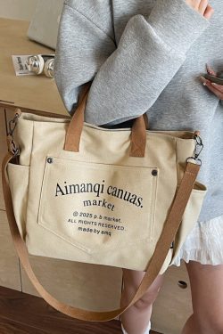 Art Beige Letter Print Pockets Solid Durable Canvas Tote Handbag