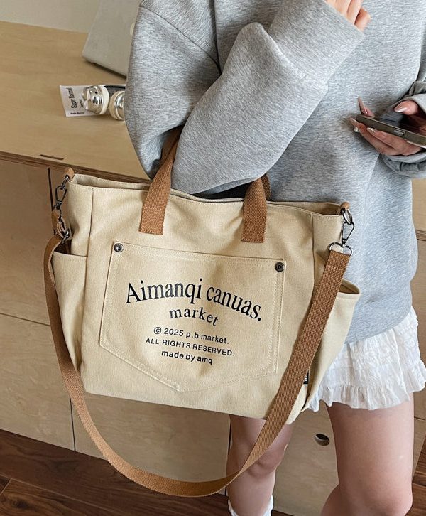 Art Beige Letter Print Pockets Solid Durable Canvas Tote Handbag