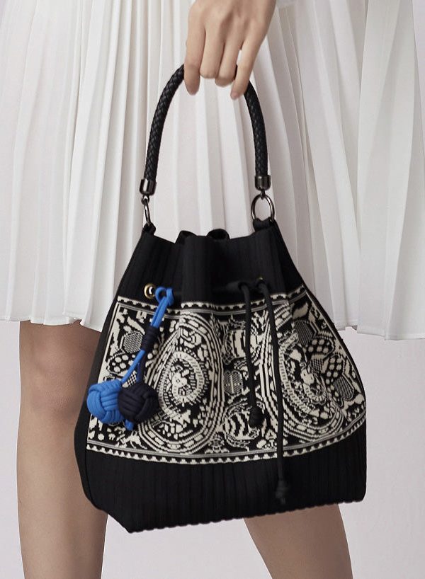 Art Black Jacquard Drawstring Cotton Pouch Handbag