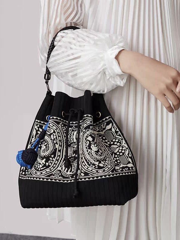 Art Black Jacquard Drawstring Cotton Pouch Handbag