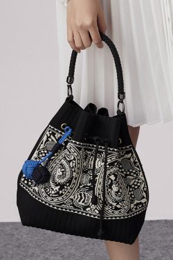Art Black Jacquard Drawstring Cotton Pouch Handbag