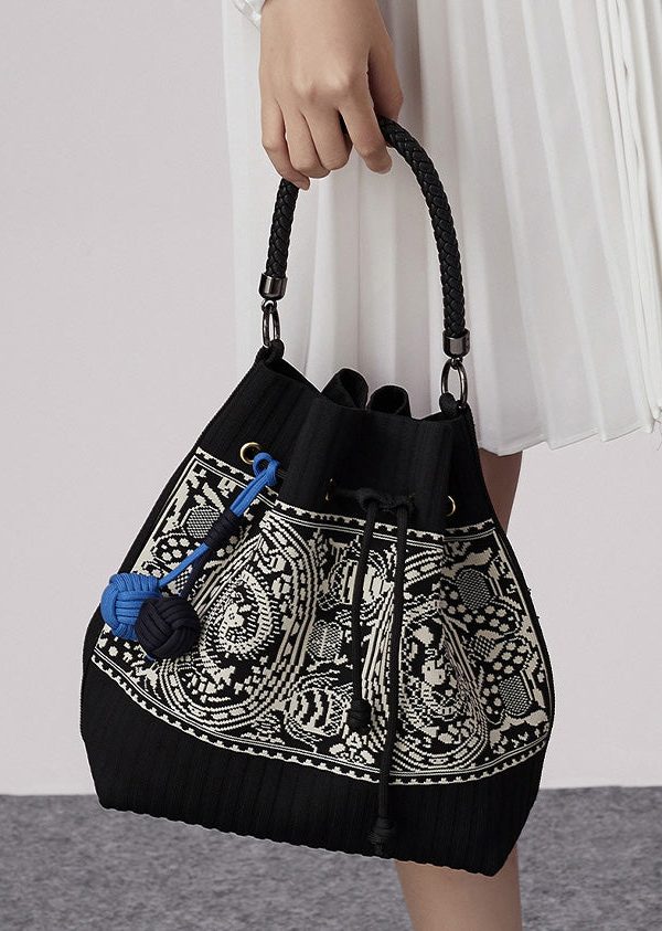 Art Black Jacquard Drawstring Cotton Pouch Handbag